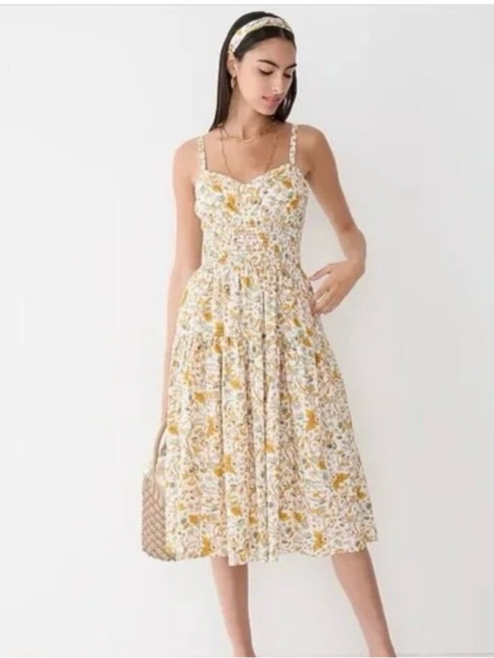 J. Crew Cream Floral Smocked Midi Dress with Yellow Accents